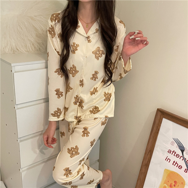 Édes rajzfilm medve őszi pizsama szett női egysoros ing + nadrág szett kétrészes otthoni öltöny, laza hálóruha