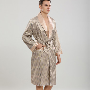Сатенена пачуърк мъжка роба кимоно рокля с щампа в цвят каки Спално облекло с дълъг ръкав Мъжка свободна рокля за баня Газон плюс размер 3XL