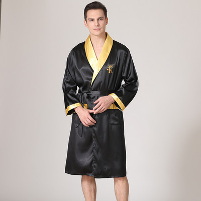 Men Kimono Bathrobe Gown Loose Nightwear Loungewear Silk Stain Home Clothes Male Casual Sleepwear Night-Robe with Belt