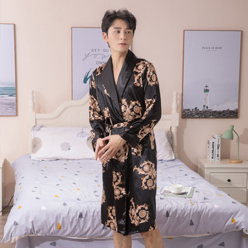 Мъжки халат със свободен принт Секси жилетка Сатенено кимоно Спално облекло с пълен ръкав Колан Къс халат за баня Сватбени домашни облекла