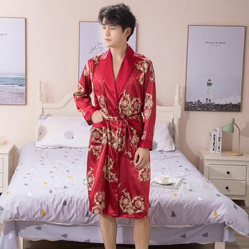 Мъжки халат със свободен принт Секси жилетка Сатенено кимоно Спално облекло с пълен ръкав Колан Къс халат за баня Сватбени домашни облекла