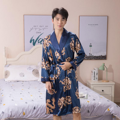 Brīvas drukas vīriešu halāts Seksīgs jaciņš, satīna kimono, naktsveļa ar pilnām piedurknēm, naktsveļa jostasvieta Īss peldmētelis līgavaiņa kāzu apģērbs mājās