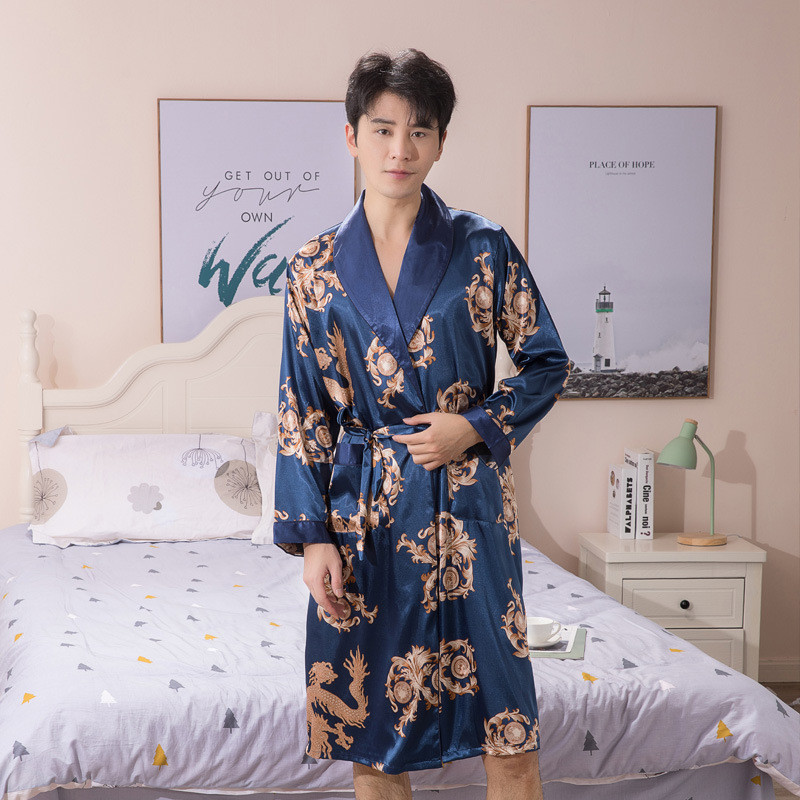 Brīvas drukas vīriešu halāts Seksīgs jaciņš, satīna kimono, naktsveļa ar pilnām piedurknēm, naktsveļa jostasvieta Īss peldmētelis līgavaiņa kāzu apģērbs mājās