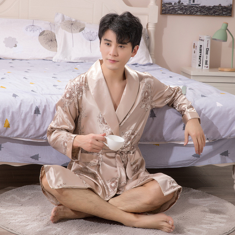 Brīvas drukas vīriešu halāts Seksīgs jaciņš, satīna kimono, naktsveļa ar pilnām piedurknēm, naktsveļa jostasvieta Īss peldmētelis līgavaiņa kāzu apģērbs mājās