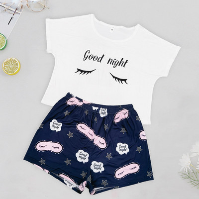 Pizsama nőies pamut rajzfilmnyomat 2 db női pizsama O-nyakú hálóruha Női hálóing szexi fehérnemű pizsama Halloween