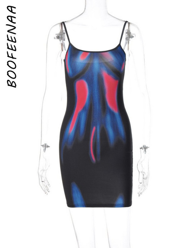 BOOFEENAA divatos szexi klub mini ruha 3D testre szabott Cami hát nélküli Bodycon ruhák nőknek Streetwear Y2k ruhák C16-BZ13