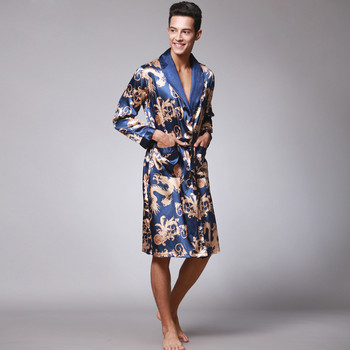 Нова пристигаща тъмносиня китайска мъжка роба от изкуствена коприна Ново кимоно рокля юката Лятно спално облекло Размер L XL XXL XXXL
