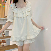 Kawaii kerek nyakú 2 db pizsama szett fodros csipke hálóruha Princess stílusú női hálóruha édes puff ujjú otthoni ruházat