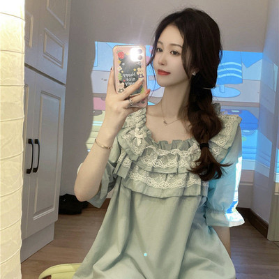 Kawaii kerek nyakú 2 db pizsama szett fodros csipke hálóruha Princess stílusú női hálóruha édes puff ujjú otthoni ruházat