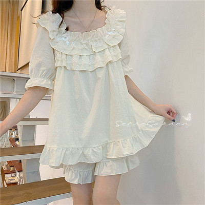 Kawaii kerek nyakú 2 db pizsama szett fodros csipke hálóruha Princess stílusú női hálóruha édes puff ujjú otthoni ruházat