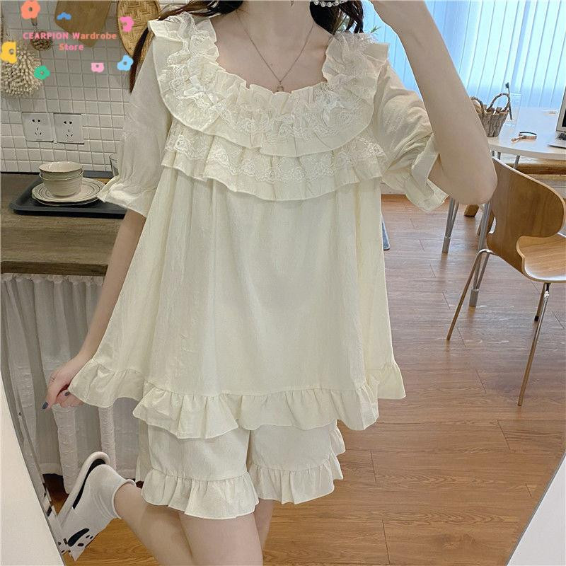 Kawaii kerek nyakú 2 db pizsama szett fodros csipke hálóruha Princess stílusú női hálóruha édes puff ujjú otthoni ruházat