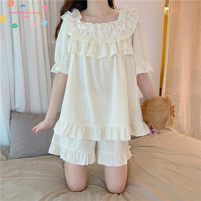 Kawaii kerek nyakú 2 db pizsama szett fodros csipke hálóruha Princess stílusú női hálóruha édes puff ujjú otthoni ruházat