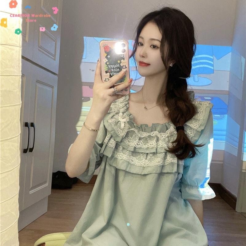 Kawaii kerek nyakú 2 db pizsama szett fodros csipke hálóruha Princess stílusú női hálóruha édes puff ujjú otthoni ruházat