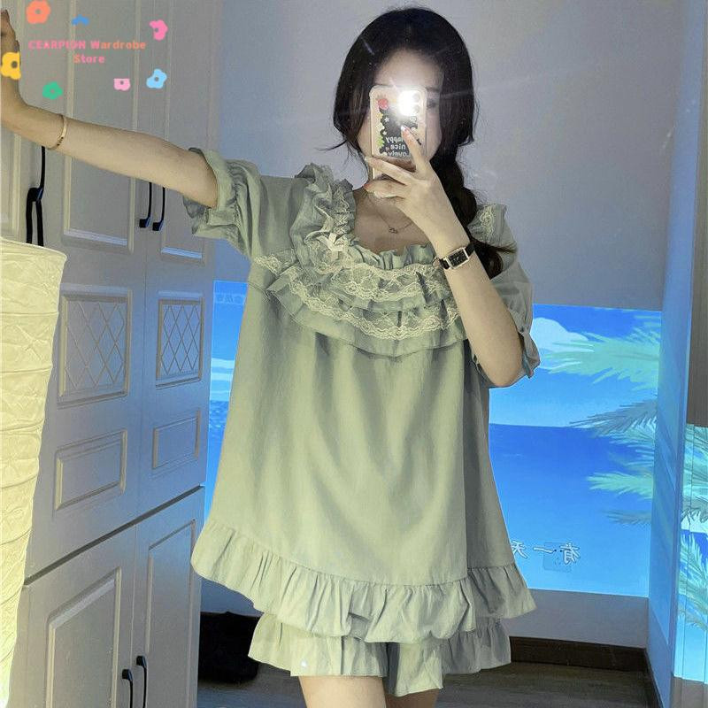 Kawaii kerek nyakú 2 db pizsama szett fodros csipke hálóruha Princess stílusú női hálóruha édes puff ujjú otthoni ruházat