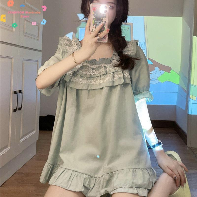 Kawaii kerek nyakú 2 db pizsama szett fodros csipke hálóruha Princess stílusú női hálóruha édes puff ujjú otthoni ruházat