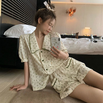 Pizsama készletek Virágok Naponta édes lányos Diákok Egyszerű Nyári Lehajtható gallér Laza Divatos koreai Stílus Elegáns Kényelmes