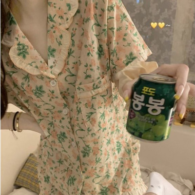 Pizsama készletek Virágok Naponta édes lányos Diákok Egyszerű Nyári Lehajtható gallér Laza Divatos koreai Stílus Elegáns Kényelmes