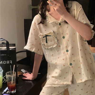Pizsama készletek Virágok Naponta édes lányos Diákok Egyszerű Nyári Lehajtható gallér Laza Divatos koreai Stílus Elegáns Kényelmes
