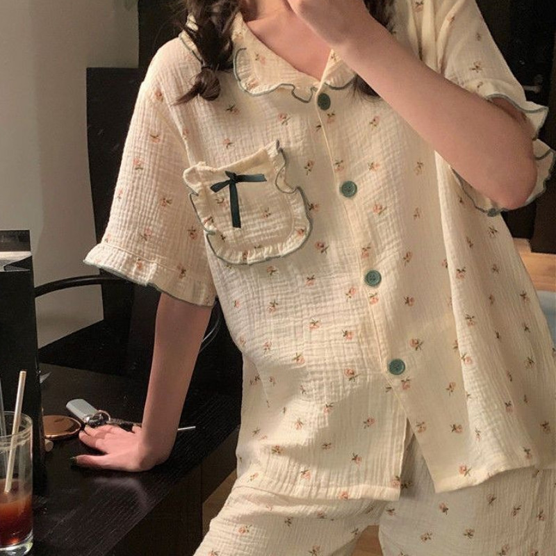 Pizsama készletek Virágok Naponta édes lányos Diákok Egyszerű Nyári Lehajtható gallér Laza Divatos koreai Stílus Elegáns Kényelmes