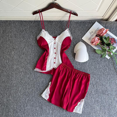 Mežģīņu pidžamas komplekts ar V-veida kakla izgriezumu Sexy Top&šorti Pidžamas Uzvalks Sieviešu naktskrekls Guļambikses Satīna Mājas Apģērbi Vasaras Naktsveļa Apakšveļa