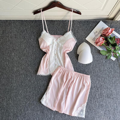 Mežģīņu pidžamas komplekts ar V-veida kakla izgriezumu Sexy Top&šorti Pidžamas Uzvalks Sieviešu naktskrekls Guļambikses Satīna Mājas Apģērbi Vasaras Naktsveļa Apakšveļa