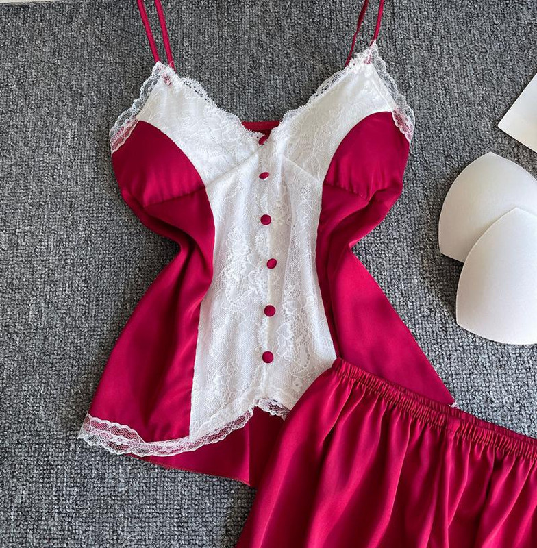 Mežģīņu pidžamas komplekts ar V-veida kakla izgriezumu Sexy Top&šorti Pidžamas Uzvalks Sieviešu naktskrekls Guļambikses Satīna Mājas Apģērbi Vasaras Naktsveļa Apakšveļa