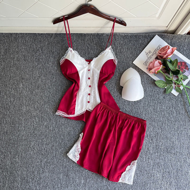 Mežģīņu pidžamas komplekts ar V-veida kakla izgriezumu Sexy Top&šorti Pidžamas Uzvalks Sieviešu naktskrekls Guļambikses Satīna Mājas Apģērbi Vasaras Naktsveļa Apakšveļa