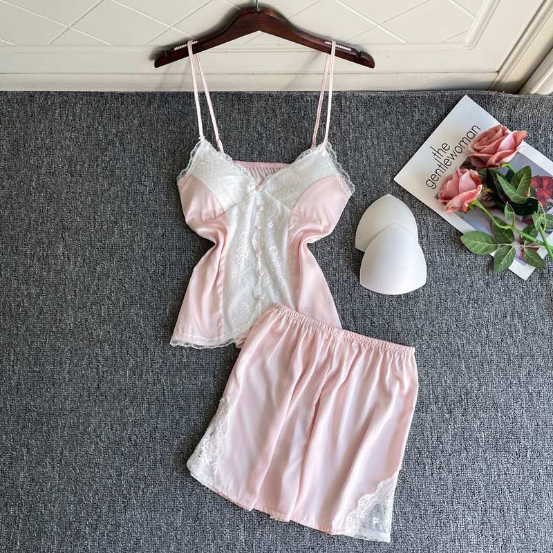 Mežģīņu pidžamas komplekts ar V-veida kakla izgriezumu Sexy Top&šorti Pidžamas Uzvalks Sieviešu naktskrekls Guļambikses Satīna Mājas Apģērbi Vasaras Naktsveļa Apakšveļa