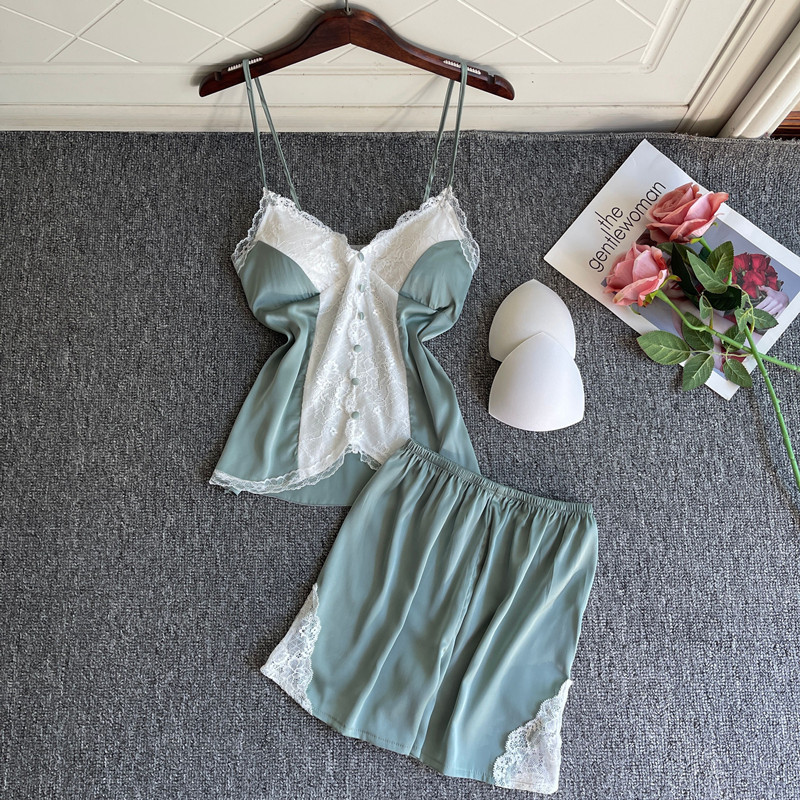 Mežģīņu pidžamas komplekts ar V-veida kakla izgriezumu Sexy Top&šorti Pidžamas Uzvalks Sieviešu naktskrekls Guļambikses Satīna Mājas Apģērbi Vasaras Naktsveļa Apakšveļa
