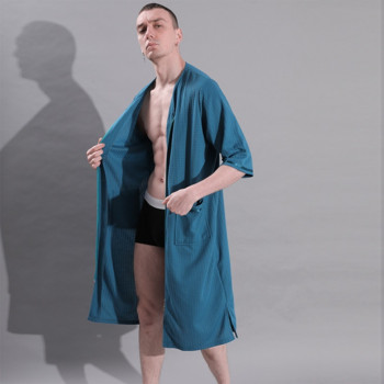 3XL Мъжки халат с цип Тънки летни карирани халати Нощно облекло Плюс размер Ежедневни свободни дълги халати за баня Нощница Спално облекло