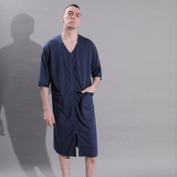 3XL Мъжки халат с цип Тънки летни карирани халати Нощно облекло Плюс размер Ежедневни свободни дълги халати за баня Нощница Спално облекло