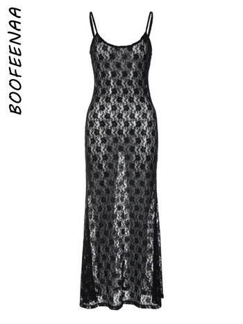 BOOFEENAA See Through Floral Mesh Δαντελένια Φορέματα Y2k Σέξι Μαύρο Tie Up Εξώπλατα μάξι μακριά φορέματα Γυναικεία 2023 C16-BI15