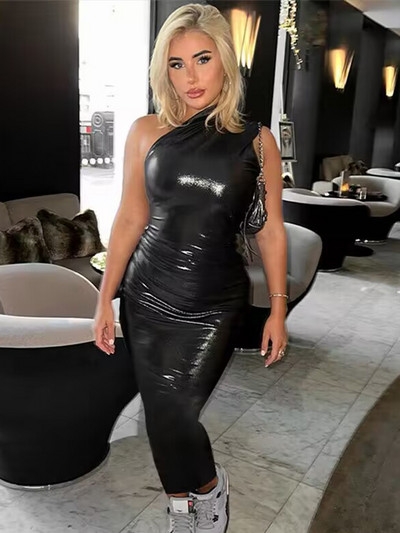 Hugcitar Pu bőr egy váll ujjatlan, drapériás mini báli ruha 2023 nyári őszi női elegáns Y2K estélyi klubruhák