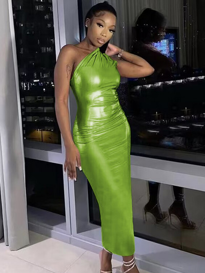 Hugcitar Pu bőr egy váll ujjatlan, drapériás mini báli ruha 2023 nyári őszi női elegáns Y2K estélyi klubruhák