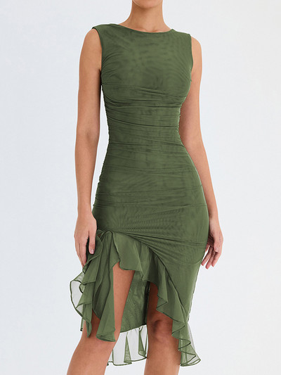 Mozision Eleganta, volāniem, ruched Midi kleita sievietēm, halāts Vasaras jauna bez piedurknēm, neregulāra kluba ballīte Seksīga kleita Vestido