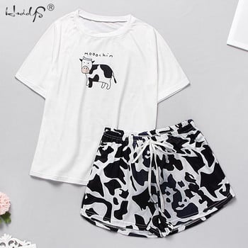 Γυναικεία Sleepwear Cute Σετ πιτζάμες με στάμπα κινουμένων σχεδίων Γλυκά κοντομάνικα μπλουζάκια & σορτς καλοκαιρινές πιτζάμες