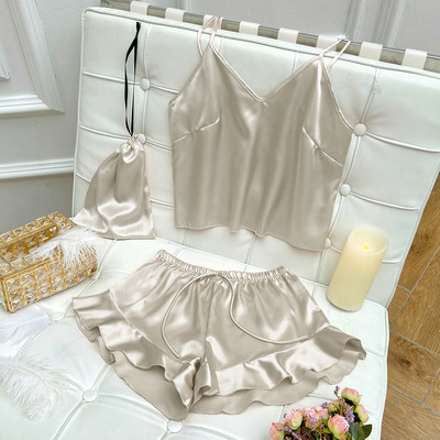 Moteriška pižama, 2 vnt., miegui skirtas rinkinys Seksualūs Cami&Shorts V formos iškirptės poilsio drabužiai, satino, namų drabužiai, kostiumai, laisvalaikio, patogūs miegui skirti naktiniai marškiniai