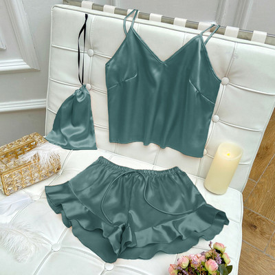 Moteriška pižama, 2 vnt., miegui skirtas rinkinys Seksualūs Cami&Shorts V formos iškirptės poilsio drabužiai, satino, namų drabužiai, kostiumai, laisvalaikio, patogūs miegui skirti naktiniai marškiniai