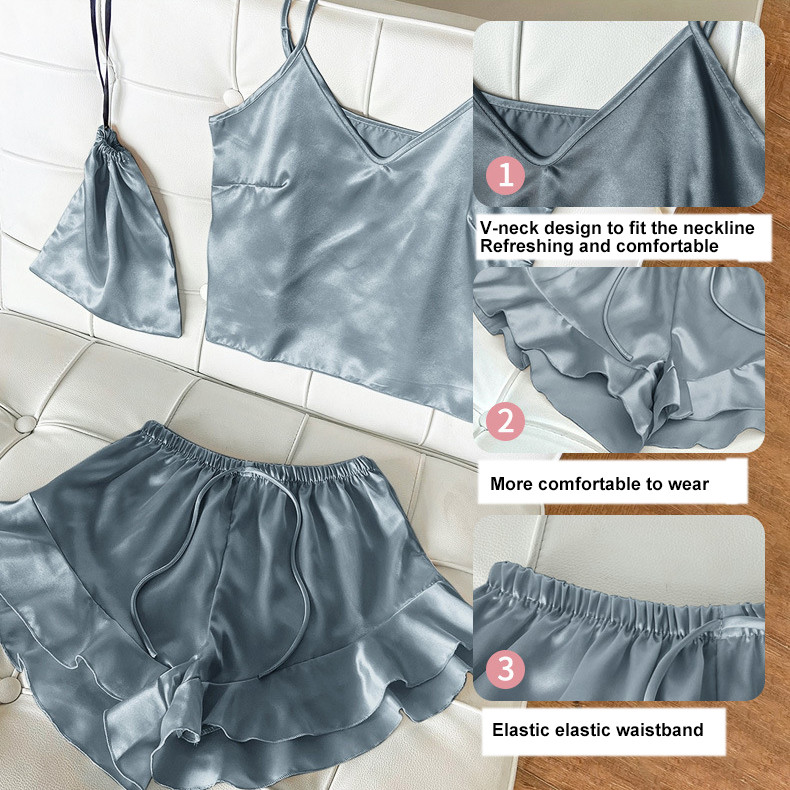 Moteriška pižama, 2 vnt., miegui skirtas rinkinys Seksualūs Cami&Shorts V formos iškirptės poilsio drabužiai, satino, namų drabužiai, kostiumai, laisvalaikio, patogūs miegui skirti naktiniai marškiniai