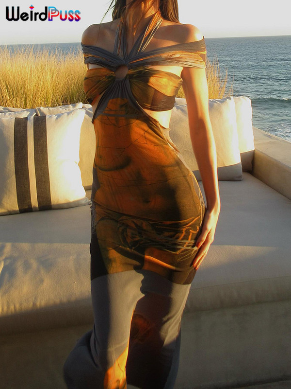 Különös punci színes nyomtatás női maxi ruha kötőfék üreges ujjatlan slash nyak Elegáns nyári vakációs parti Bodycon Vestidos