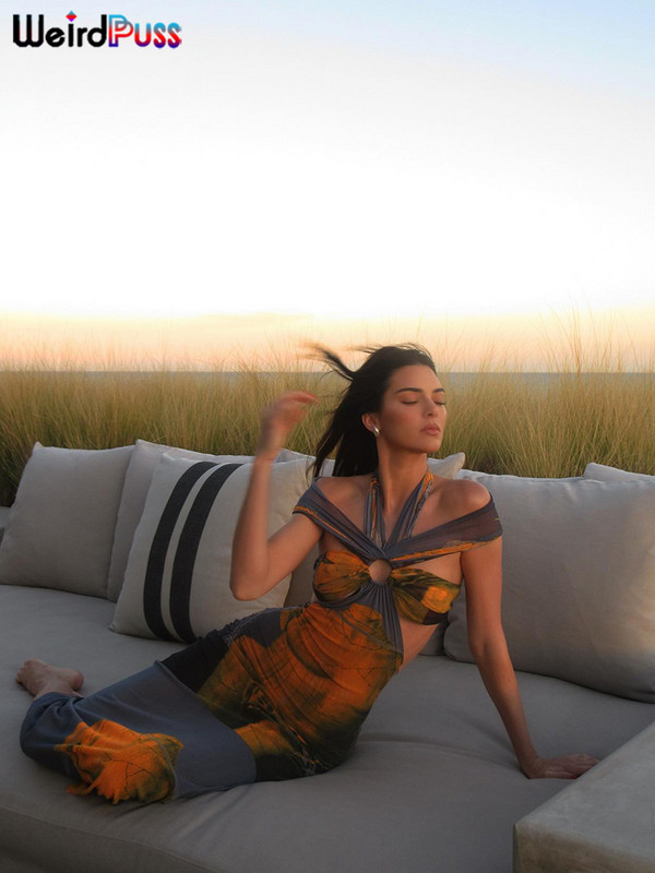 Különös punci színes nyomtatás női maxi ruha kötőfék üreges ujjatlan slash nyak Elegáns nyári vakációs parti Bodycon Vestidos