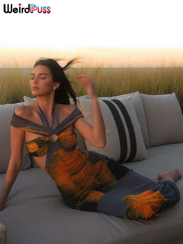 Különös punci színes nyomtatás női maxi ruha kötőfék üreges ujjatlan slash nyak Elegáns nyári vakációs parti Bodycon Vestidos