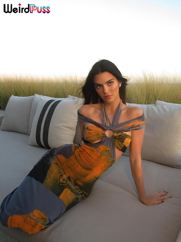 Különös punci színes nyomtatás női maxi ruha kötőfék üreges ujjatlan slash nyak Elegáns nyári vakációs parti Bodycon Vestidos
