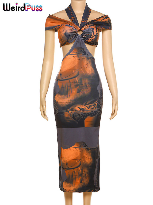 Különös punci színes nyomtatás női maxi ruha kötőfék üreges ujjatlan slash nyak Elegáns nyári vakációs parti Bodycon Vestidos