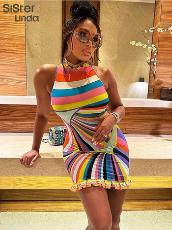 Sisterlinda Colorful Print Bodycon Μίνι Φορέματα Γυναικεία αμάνικα ζιβάγκο Μοναδικές ροζ μοντέρνες κομψές φούστες για πάρτι γενεθλίων