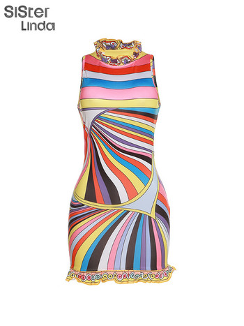 Sisterlinda Colorful Print Bodycon Μίνι Φορέματα Γυναικεία αμάνικα ζιβάγκο Μοναδικές ροζ μοντέρνες κομψές φούστες για πάρτι γενεθλίων