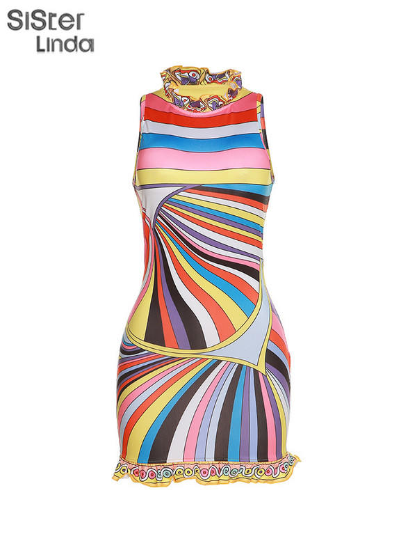 Sisterlinda Colorful Print Bodycon Μίνι Φορέματα Γυναικεία αμάνικα ζιβάγκο Μοναδικές ροζ μοντέρνες κομψές φούστες για πάρτι γενεθλίων