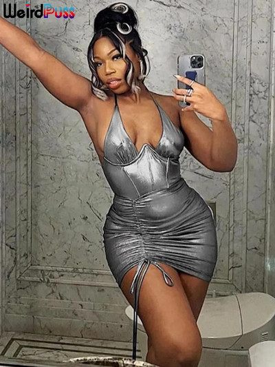 Dīvains puncis, PU neregulāra sieviešu mini kleita ar siksnām, mežģīnēm bez mugurām, šauras, šauras pusnakts ballīšu apģērbs brīvdienu bodi