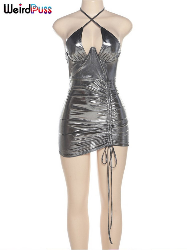 Dīvains puncis, PU neregulāra sieviešu mini kleita ar siksnām, mežģīnēm bez mugurām, šauras, šauras pusnakts ballīšu apģērbs brīvdienu bodi