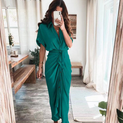 Κομψά γυναικεία φορέματα 2023 Καλοκαιρινή μόδα εμπριμέ κοντομάνικο πουκάμισο Φόρεμα vintage δέσιμο στη μέση με κουμπιά επίδεσμο μακρύ φόρεμα ρόμπα